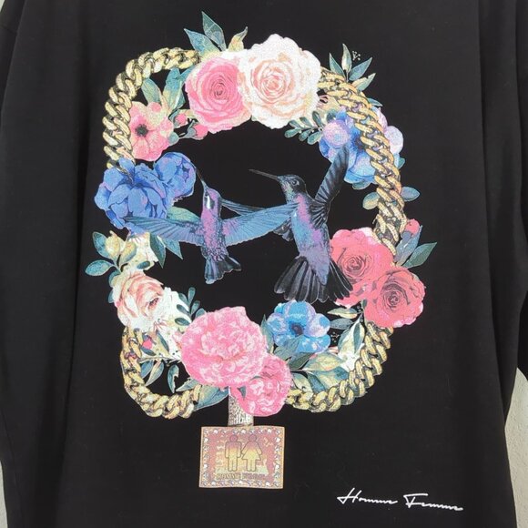 Homme Femme Graphic T-Shirt XXL Large Black Floral Hummingbird Chain Streetwear - Picture 4 of 10